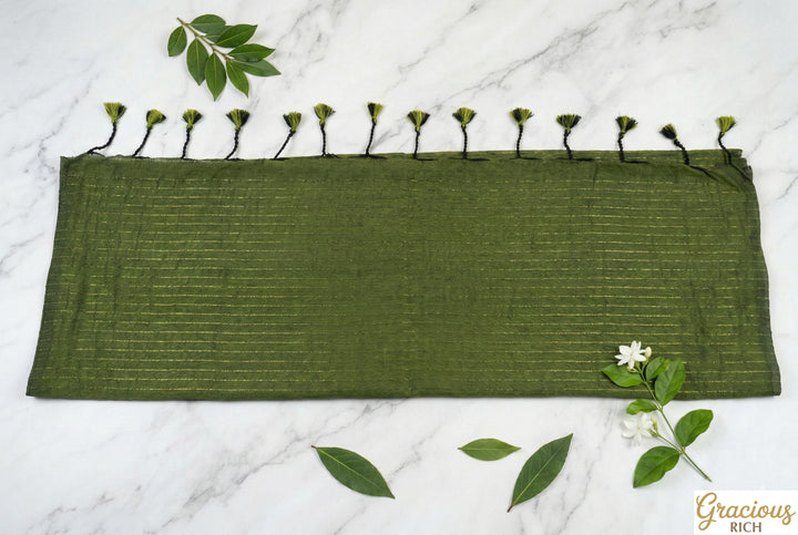 Olive Green Color Khadi Cotton Zari Stripes Saree with plain blouse