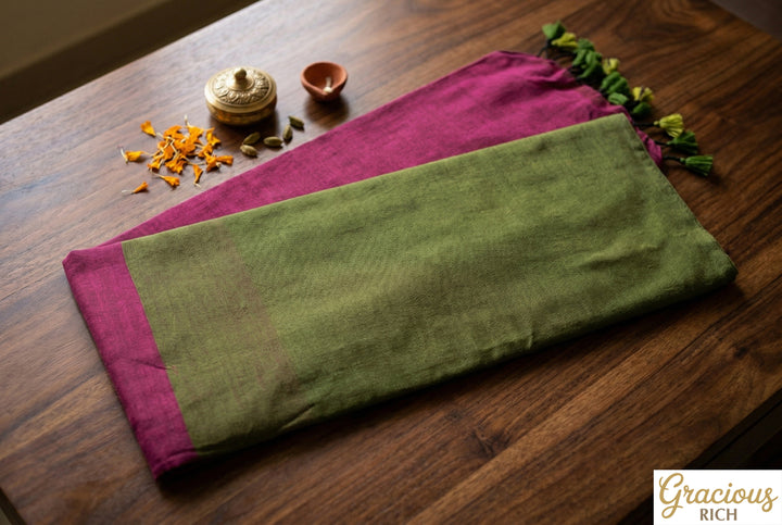 Leafy Green Color Khadi Cotton Saree with contrast blouse & Pallu
