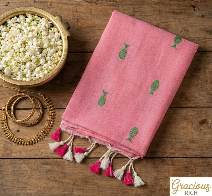 Pink Color Kadhi Fish Embroidery Saree with running blouse