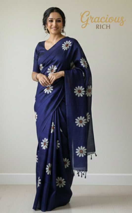 Dark Blue Color Sunflower Kadhi Cotton Saree