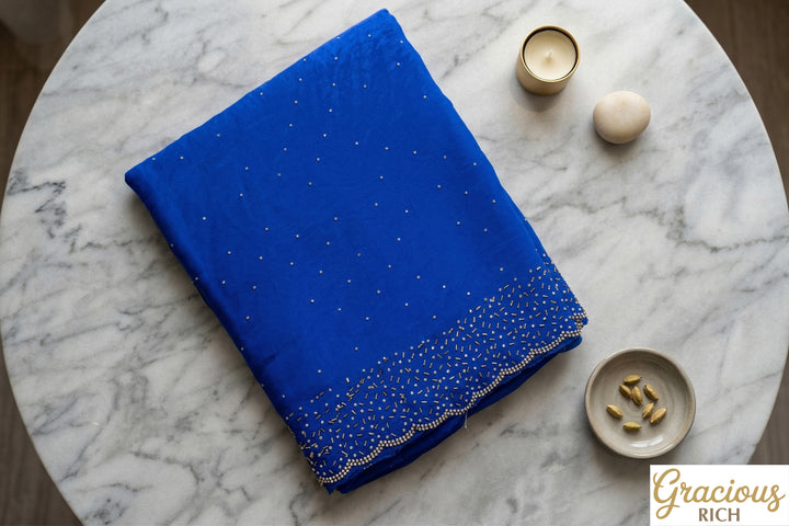 Royal Blue Color Space Silk Original fabric with Jharkhand stone cutwork border
