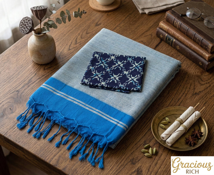 Blue Color Khadi Cotton Plain Saree