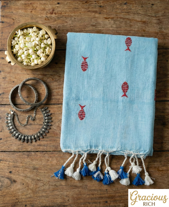 Sky Blue Color Khadi Fish Embroidery Saree