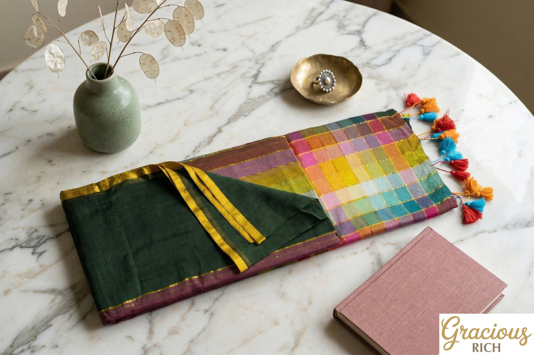 Zari Mul Cotton Rainbow Saree (Dark Green)