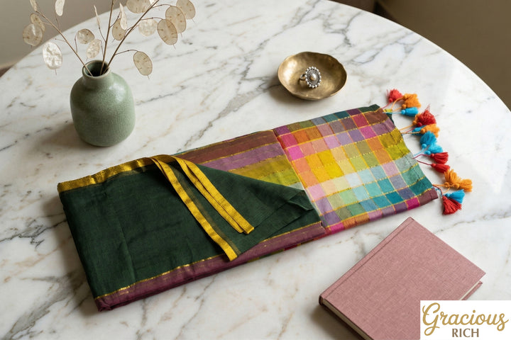 Zari Mul Cotton Rainbow Saree (Dark Green)