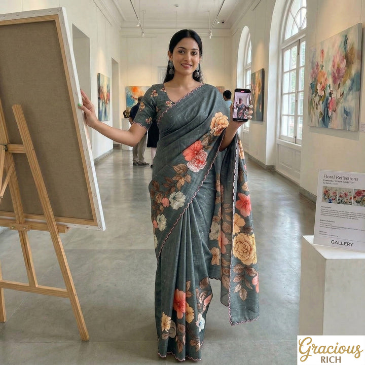 🌸 Floral Tusser Silk Saree