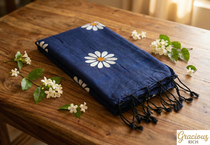 Dark Blue Color Sunflower Kadhi Cotton Saree