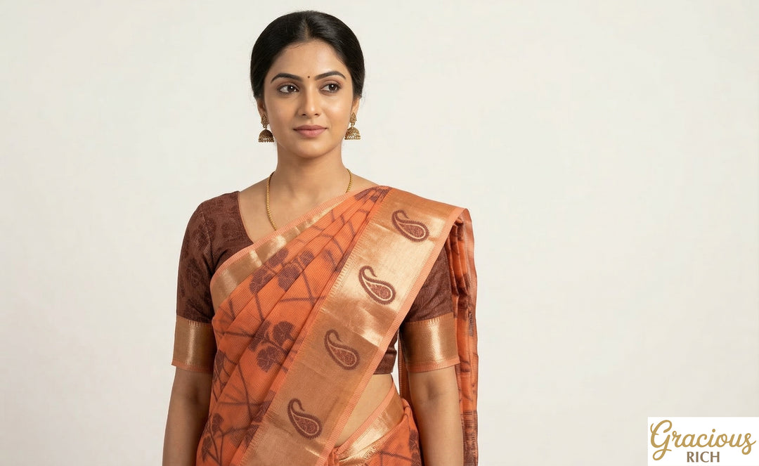 Pink Orange Color Handloom Fancy Cotton Saree