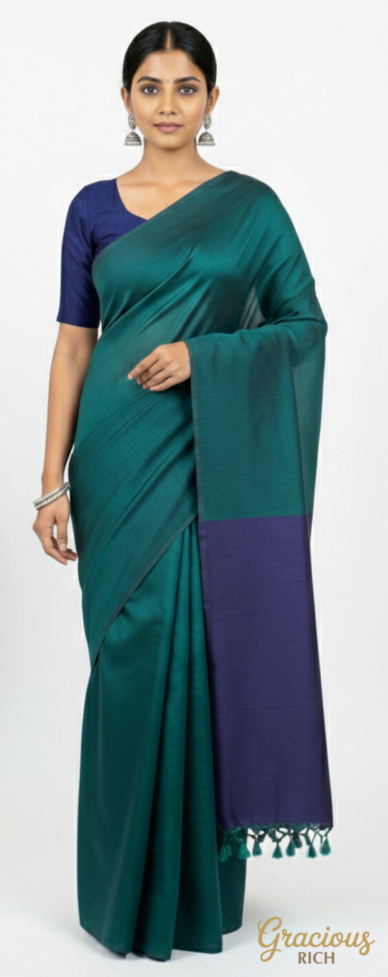 Teal Green Color Khadi Cotton Saree with contrast blouse & Pallu