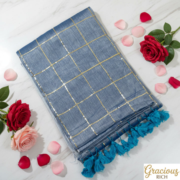 Light Blue Color Khadi Tissue Sequence Saree