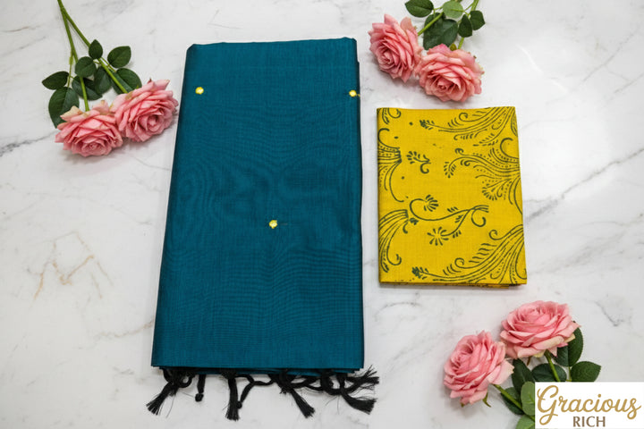 Peacock Green Color Semi Plain Glass work Cotton Saree with Contrast Blouse