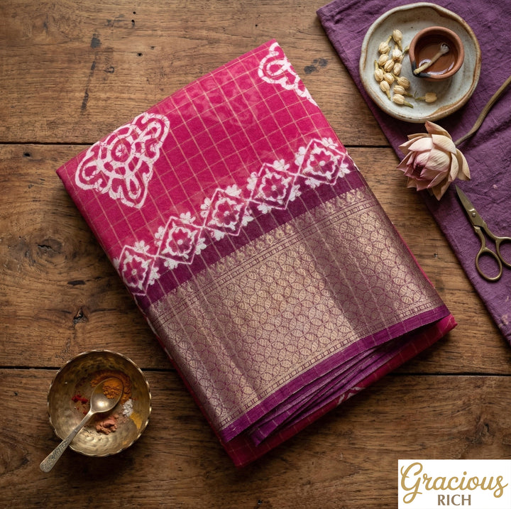 Magenta Colour Fancy Saree with Gold Grid Pattern