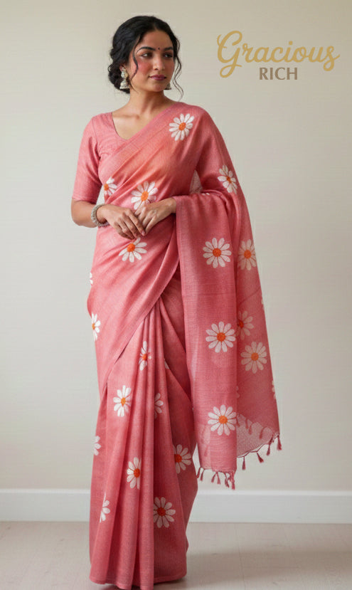 Pale Red Color Sunflower Khadi Cotton Saree