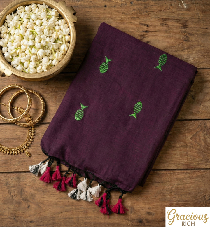 Wine Color Khadi Fish Embroidery Saree with running blouse
