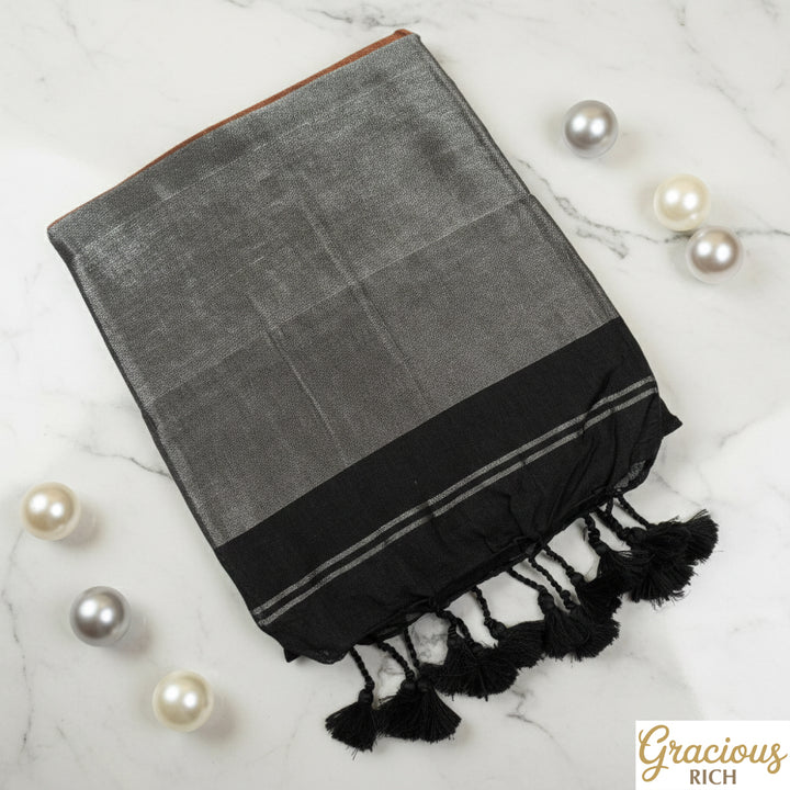 Black Color Khadi Cotton plain Saree Zari Pallu with plain blouse