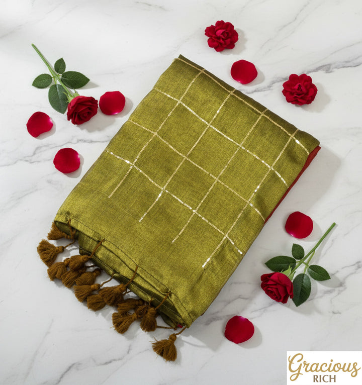 Olive Green Color Khadi Tissue Sequence Saree