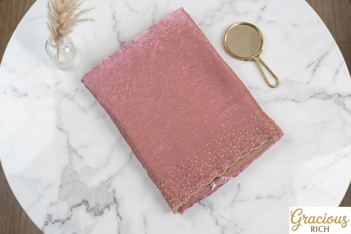 Onion Pink Color Space Silk Original fabric with Jharkhand stone cutwork border