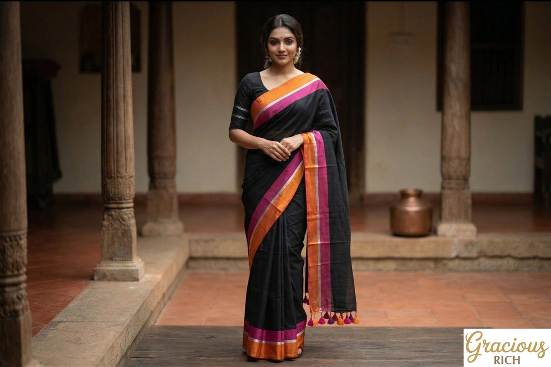 Black Mul Cotton Saree with Contrast Border (without blouse)
