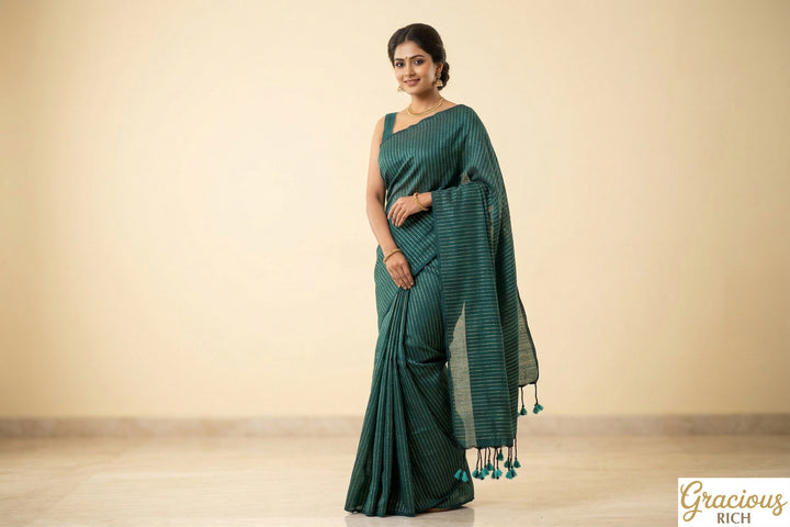 Dark Green Color Khadi Cotton Zari Stripes Saree with plain blouse