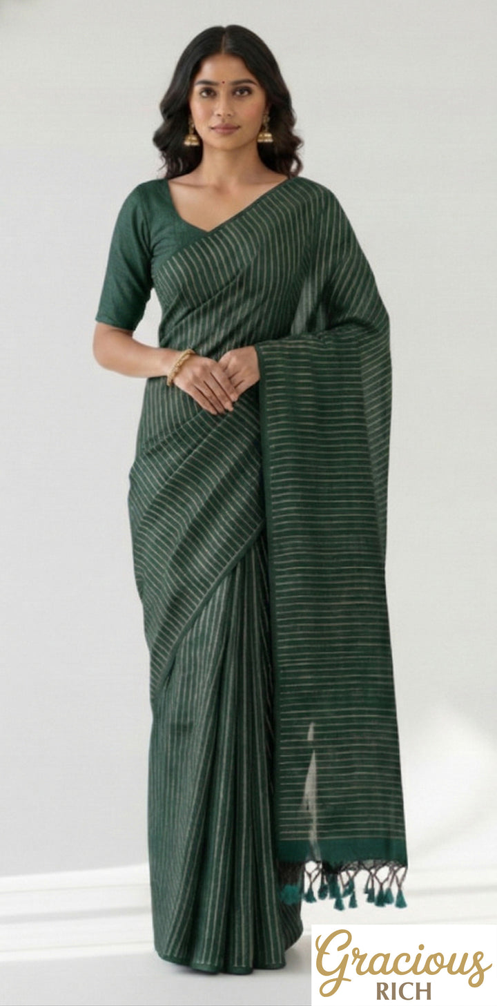 Dark Green Color Khadi Cotton Zari Stripes Saree with plain blouse