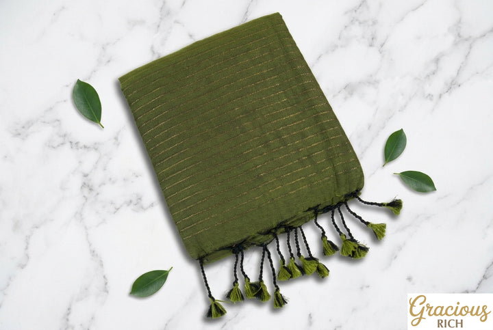Olive Green Color Khadi Cotton Zari Stripes Saree with plain blouse