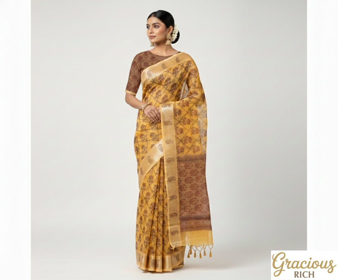 Orange Yellow Color Handloom Fancy Cotton Saree
