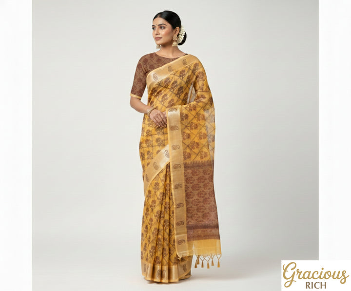 Orange Yellow Color Handloom Fancy Cotton Saree