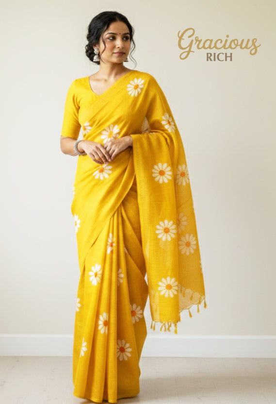 Bright Yellow Color Sunflower Kadhi Cotton Saree