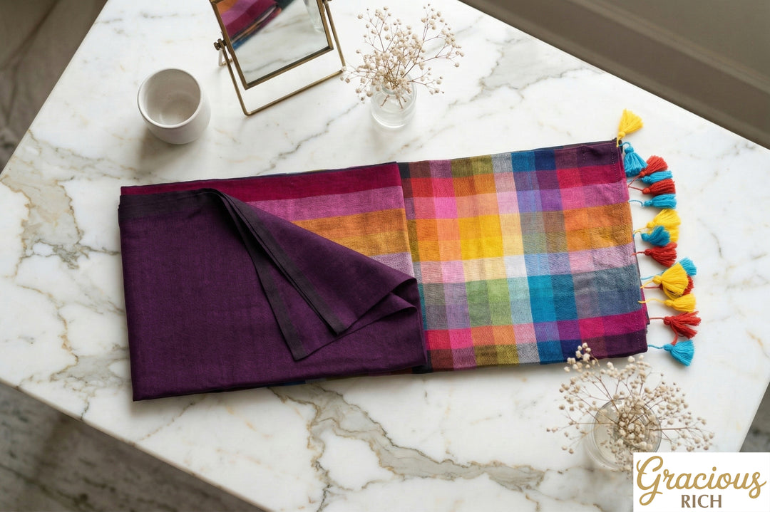 Mul Cotton Rainbow Saree (Purple)