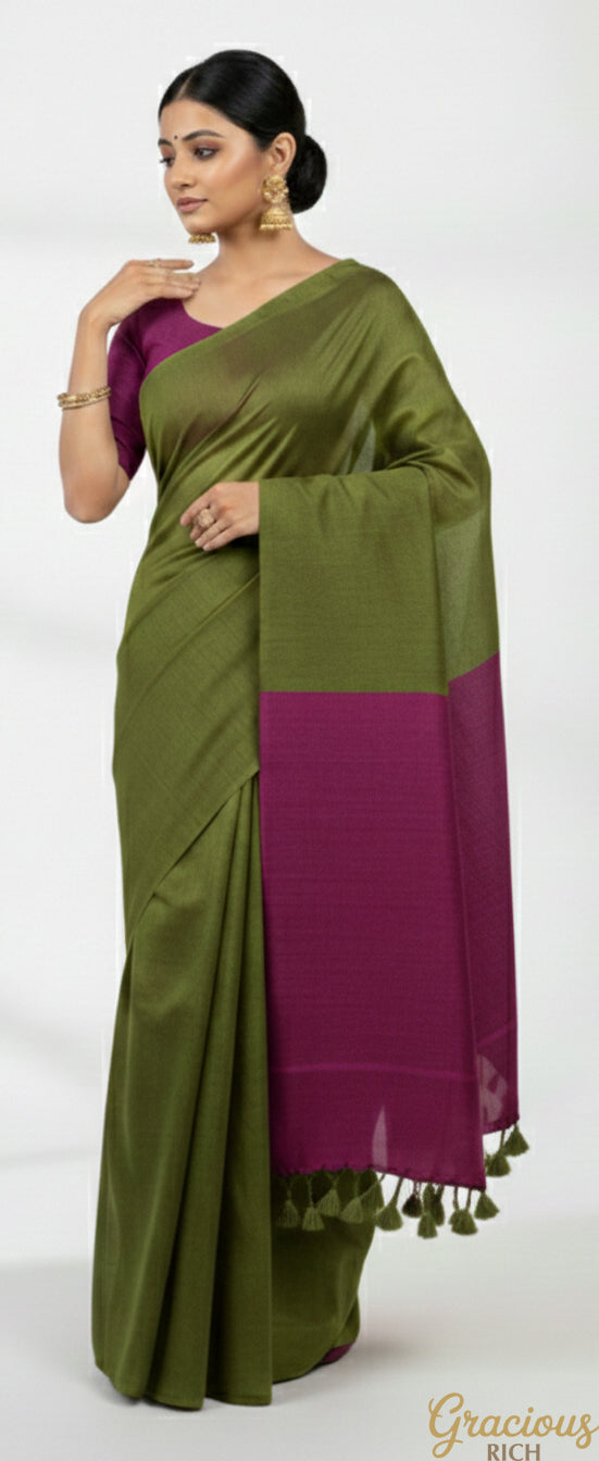 Leafy Green Color Khadi Cotton Saree with contrast blouse & Pallu