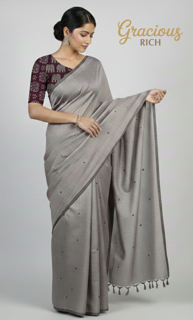 Cement gray Color Plain Glasswork Cotton Saree with Contrast Blouse