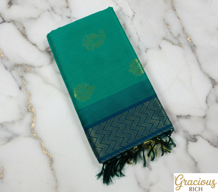 Dark Green Blue Color Semi Silk Cotton Saree with big butta