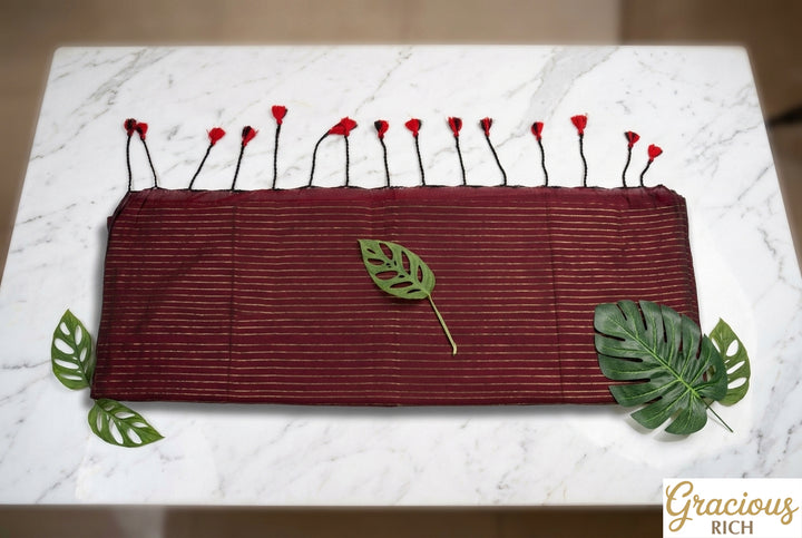 Red Color Khadi Cotton Zari Stripes Saree with plain blouse