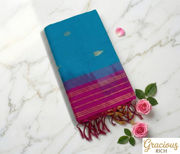 Sky-Blue Color Semi Silk Cotton Sarree with butta