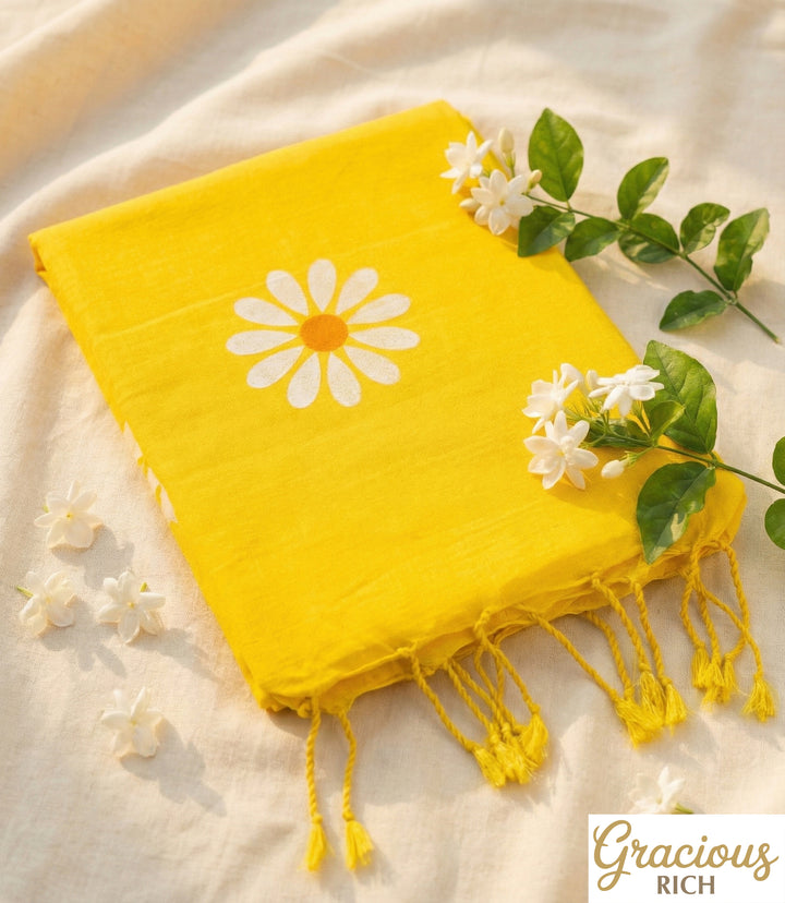 Bright Yellow Color Sunflower Kadhi Cotton Saree