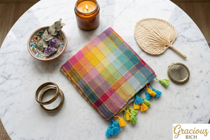Zari Mul Cotton Rainbow Saree (Grey)