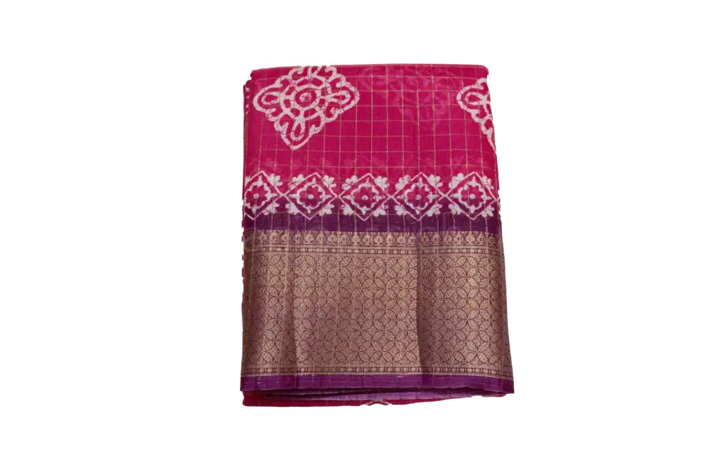 Magenta Colour Fancy Saree with Gold Grid Pattern