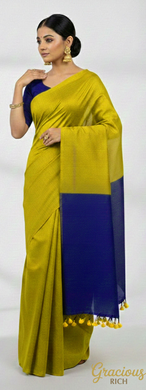 Brass Color Khadi Cotton Saree with contrast blouse & Pallu