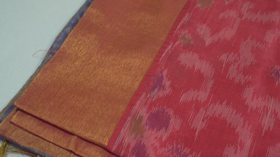 Pinkish Red Color Semi Kaddi Pochampalli Saree