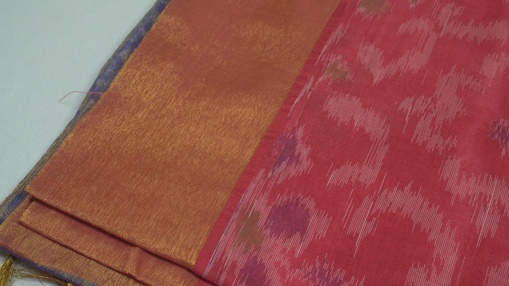 Pinkish Red Color Semi Kaddi Pochampalli Saree