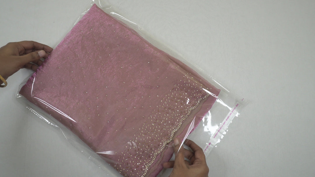 Onion Pink Color Space Silk Original fabric with Jharkhand stone cutwork border