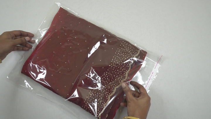 Dark Red Color Space Silk Original fabric with Jharkhand stone cutwork border
