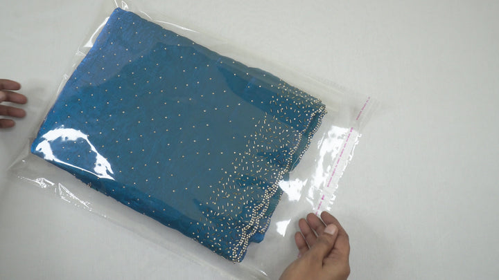 Peacock Blue Color Space Silk Original fabric with Jharkhand stone cutwork border