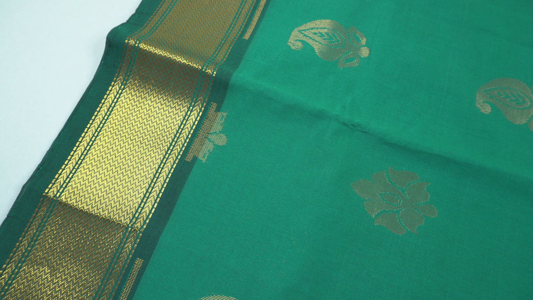 Dark Green Blue Color Semi Silk Cotton Saree with big butta