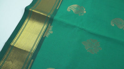 Dark Green Blue Color Semi Silk Cotton Saree with big butta