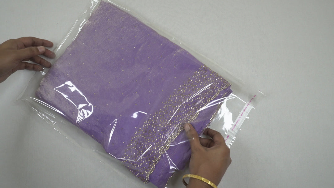 Lavender Color Space Silk Original fabric with Jharkhand stone cutwork border