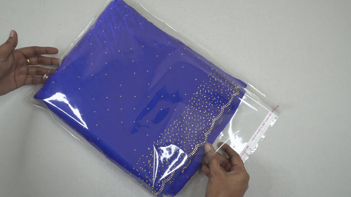 Royal Blue Color Space Silk Original fabric with Jharkhand stone cutwork border