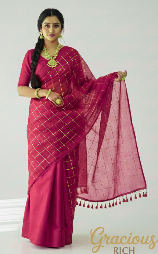 Rani Pink Khadi Tissue Sequence Saree