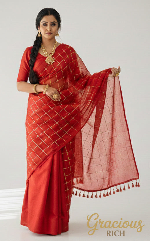 Red Color Khadi Tissue Sequence Saree